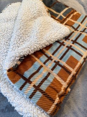 Reversible Sherpa Baby Blanket in Brown & Light Blue Plaid